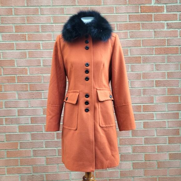 Henig Furs Rust Ochre Burnt Orange Wool Blend Foat with Genuine Fox Collar 4 6 - Picture 1 of 11
